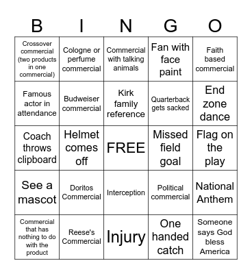 Superbowl Bingo 2026 Bingo Card
