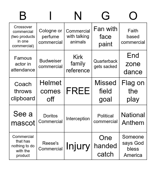 Superbowl Bingo 2026 Bingo Card