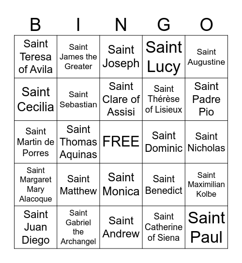 Catholic Saints Bingo Card