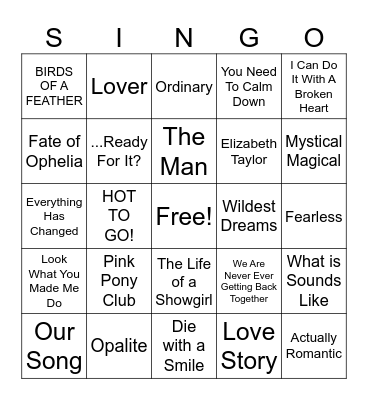 Taylor & Friends Bingo Card