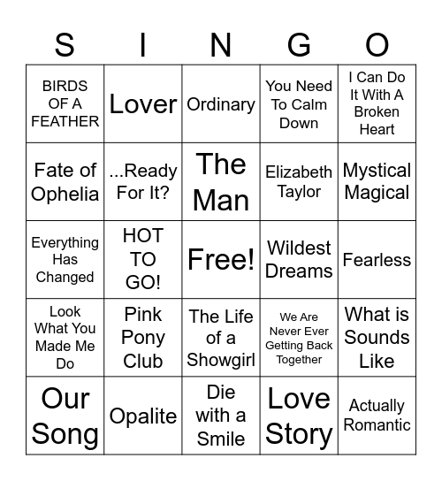 Taylor & Friends Bingo Card