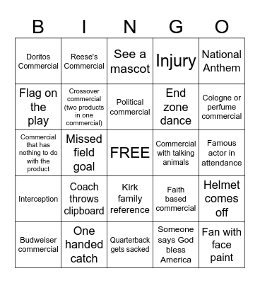Superbowl Bingo 2026 Bingo Card