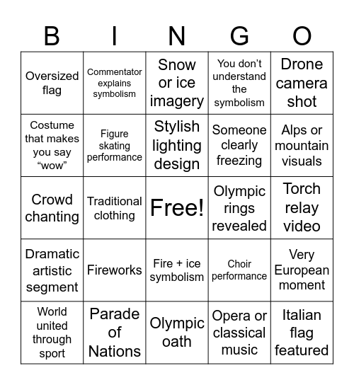 Winter Olympics Bingo Card
