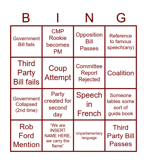 Carleton Model Parliament 2026 Bingo Card