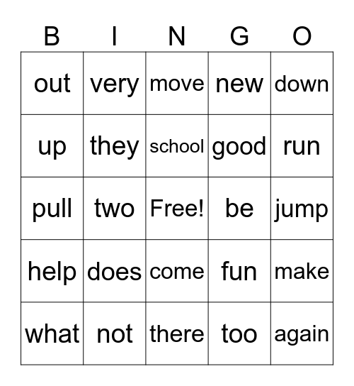 HF Words Bingo Card