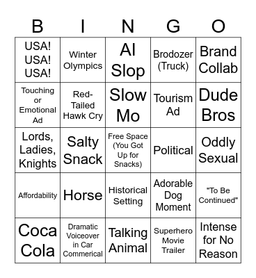 Super Bowl Commercial Bingo Card