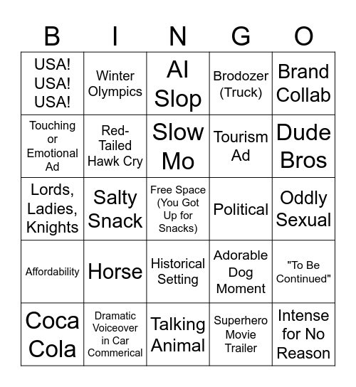 Super Bowl Commercial Bingo Card