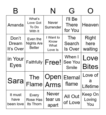 80's Power ballads Bingo Card