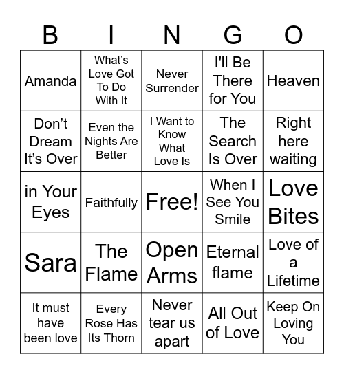 80's Power ballads Bingo Card