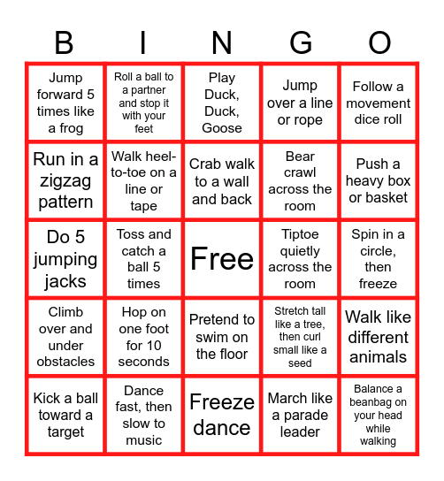 gross motor bingo Card