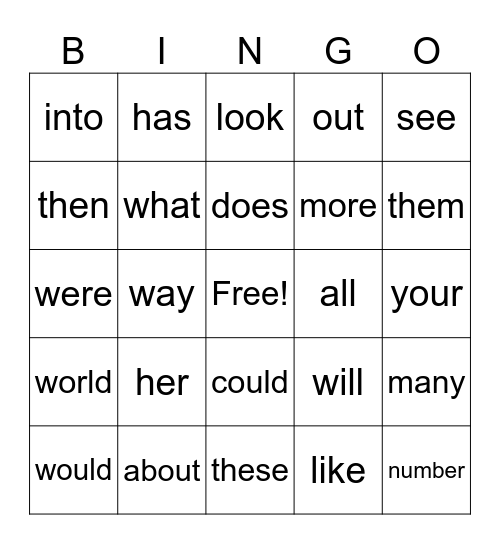 High Frequency Words Bingo Card