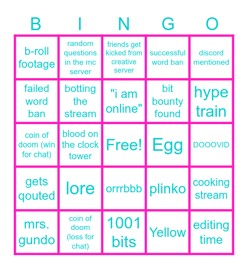 Legundo's subathon bing card Bingo Card