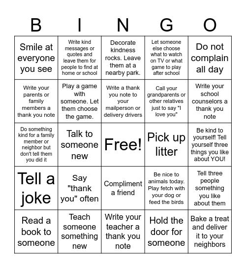 Kindness Bingo Card