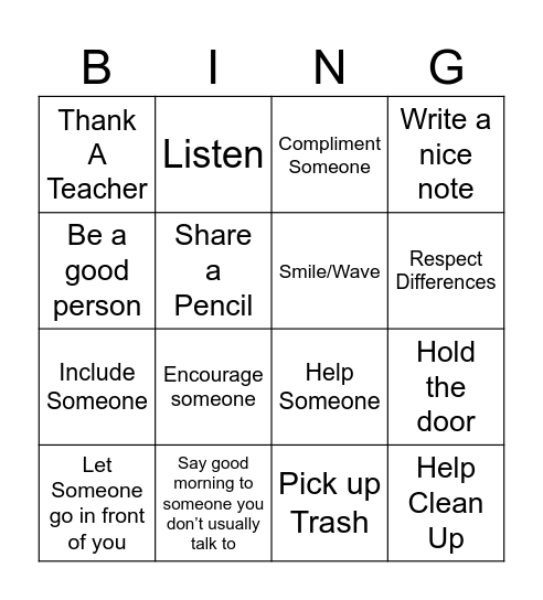 Kindness Bingo Card