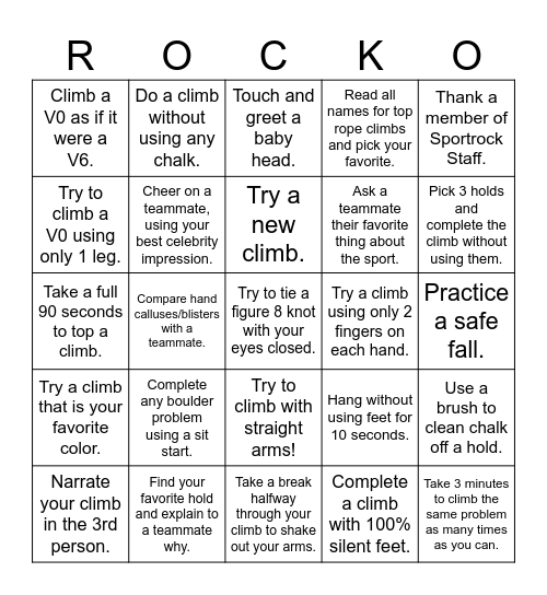 Rock Climbing Bingo Card