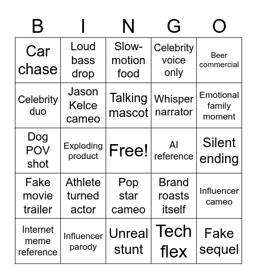 Super Bowl Commercial Bingo Card