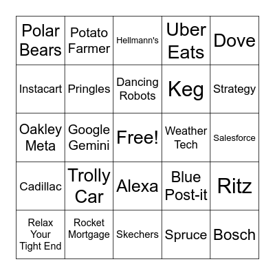Super Bowl Commerial Bingo Card