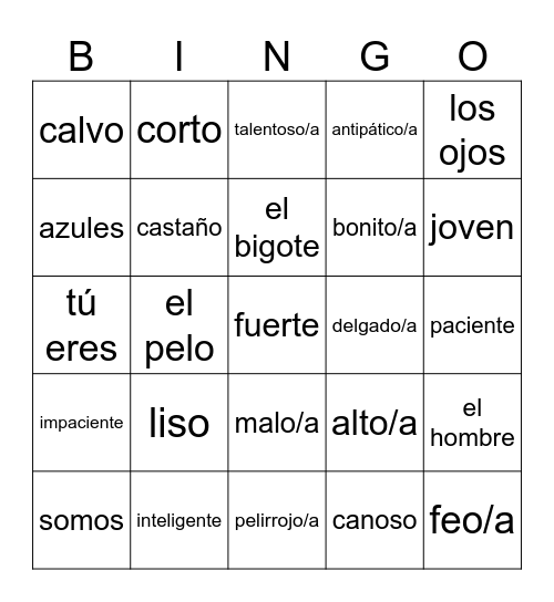 Descripciones Fisicas & de Personalidad Bingo Card