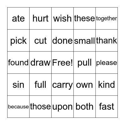 Sight Words Bingo Card