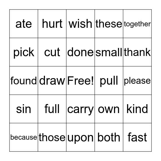Sight Words Bingo Card