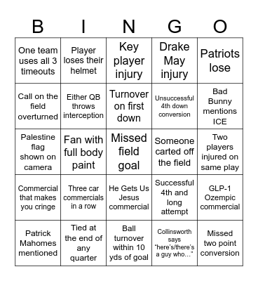 Superb Owl Bingo 2026 Bingo Card