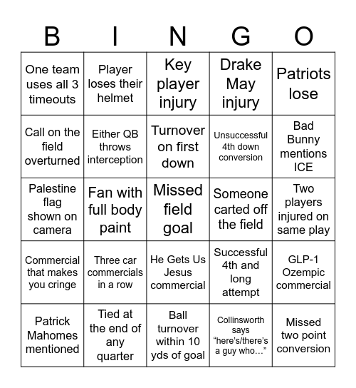 Superb Owl Bingo 2026 Bingo Card