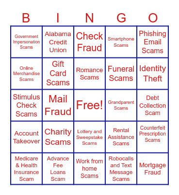 Scam/Fraud Awareness Bingo Card