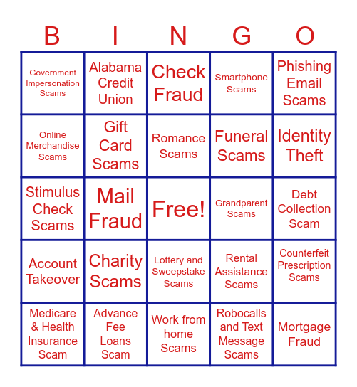 Scam/Fraud Awareness Bingo Card