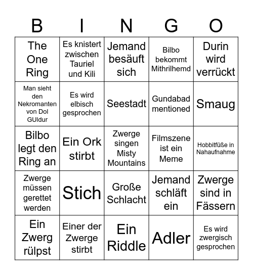 Hobbit Bingo Card
