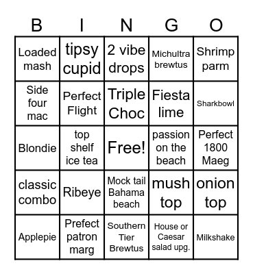 Applebees Bingo Card