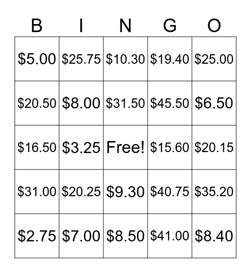 Money: Coins & Bills Bingo Card