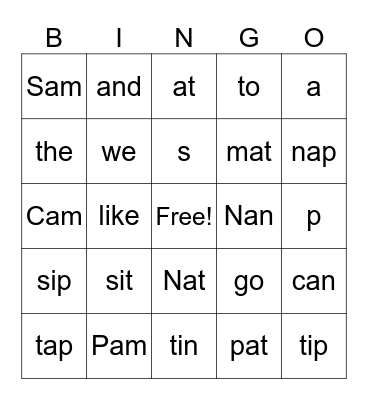 Kindergarten Bingo Card