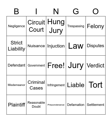 Civil vs Criminal Cases Jingo Bingo Card