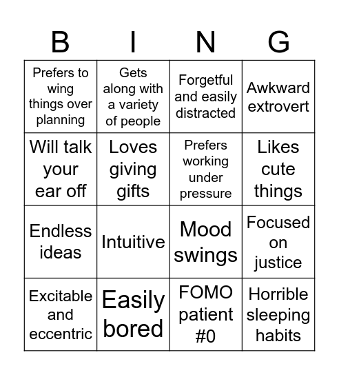 ENFP BINGO Card