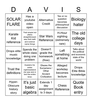 MR DAVIS BINGO Card