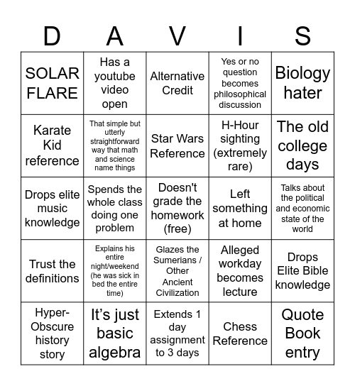 MR DAVIS BINGO Card