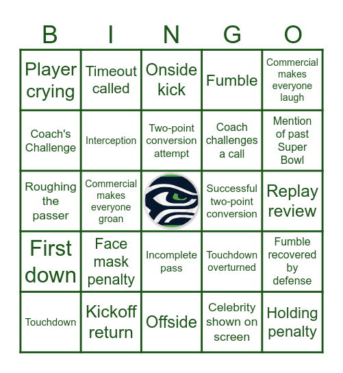 Sea Hawks Super Bowl Bingo Card