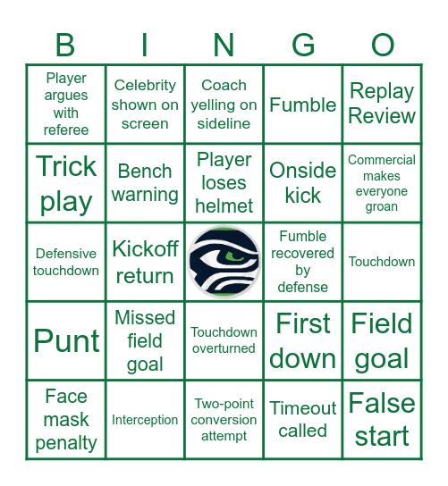 Sea Hawks Super Bowl Bingo Card