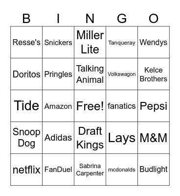 Superbowl Commercial Bingo Card