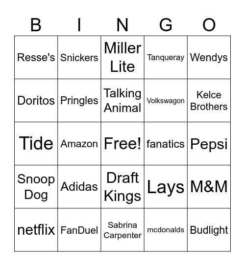Superbowl Commercial Bingo Card