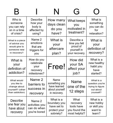 Recovery Bingo Card