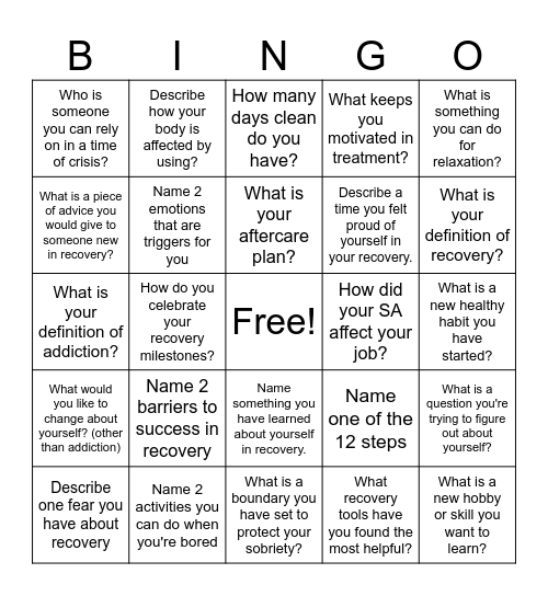 Recovery Bingo Card