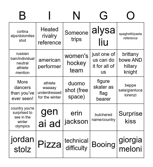 olympics opening ceremony Bingo Card