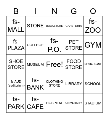 Unit 5: Places Bingo Card