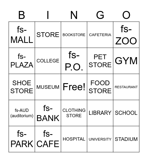 Unit 5: Places Bingo Card