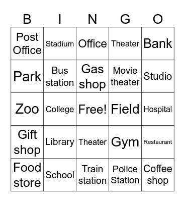 Unit 5: Places Bingo Card
