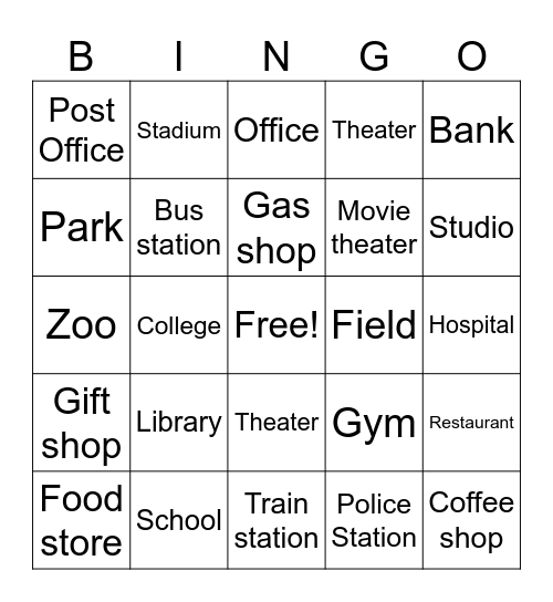 Unit 5: Places Bingo Card