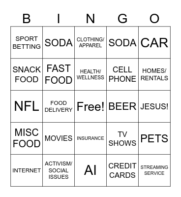 SUPERBOWL COMMERCIAL Bingo Card