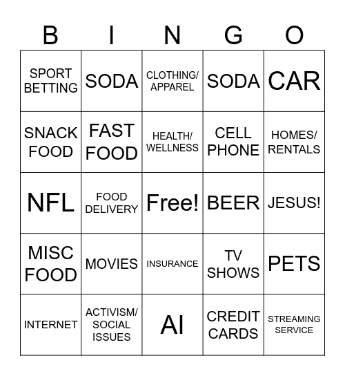 SUPERBOWL COMMERCIAL Bingo Card