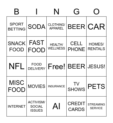 SUPERBOWL COMMERCIAL Bingo Card